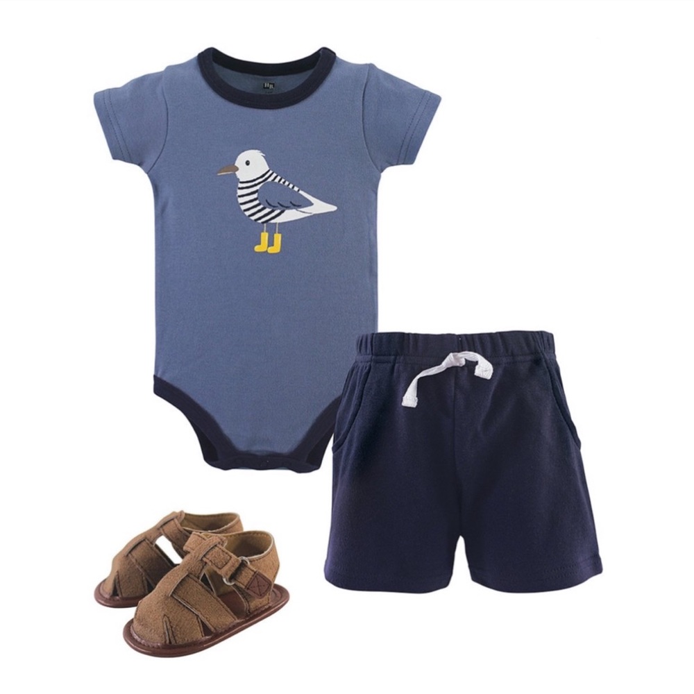 Hudson Baby 3-Piece Seagull Bodysuit, Shorts, & Sandals Outfit Baby Size 9-12M